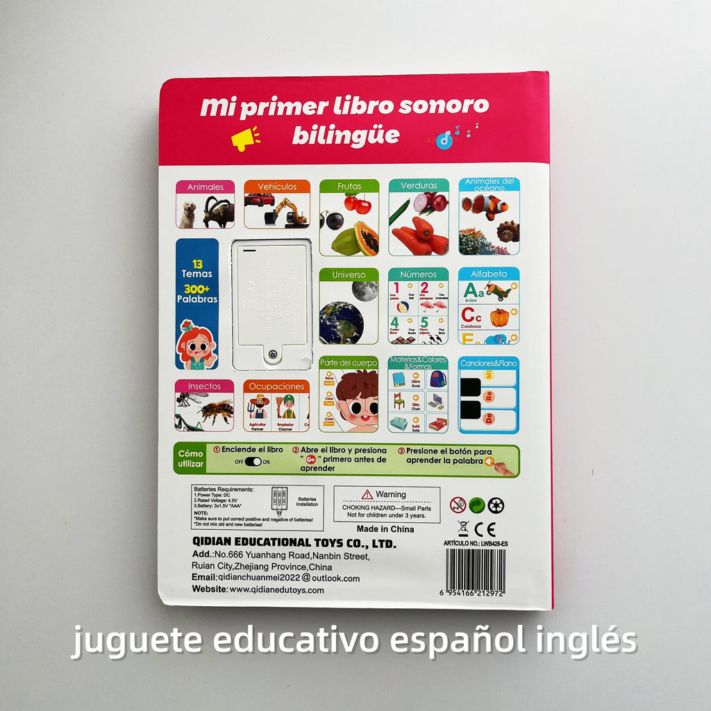 Libro Sonoro Bilingüe Español-Inglés para Niños 1-6 Años, 300+ Palabras y 13 Temas, Juguete Educativo con Canciones, Animales, Piano Infantil y Alfabeto edutoys