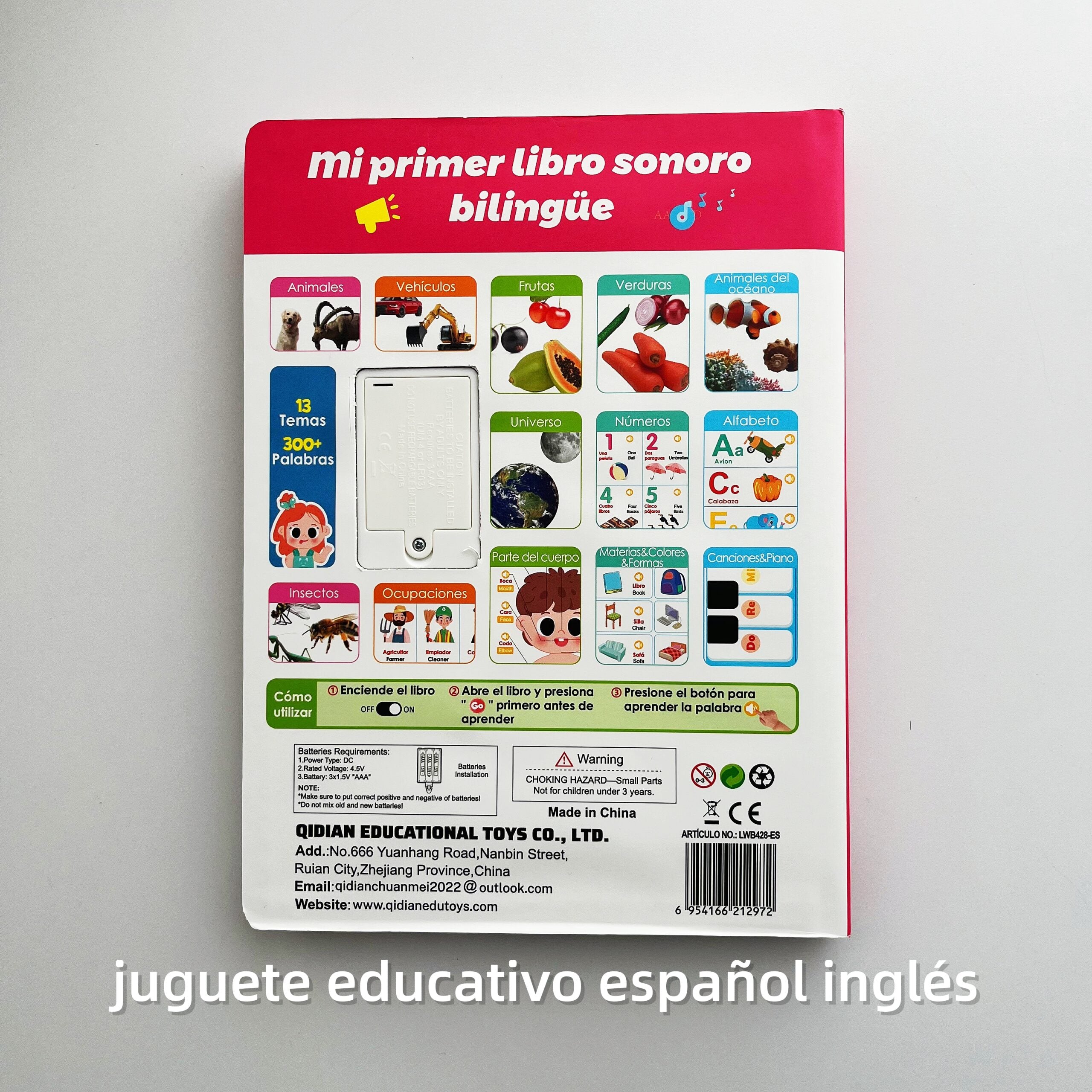 Libro Sonoro Bilingüe Español-Inglés para Niños 1-6 Años, 300+ Palabras y 13 Temas, Juguete Educativo con Canciones, Animales, Piano Infantil y Alfabeto edutoys
