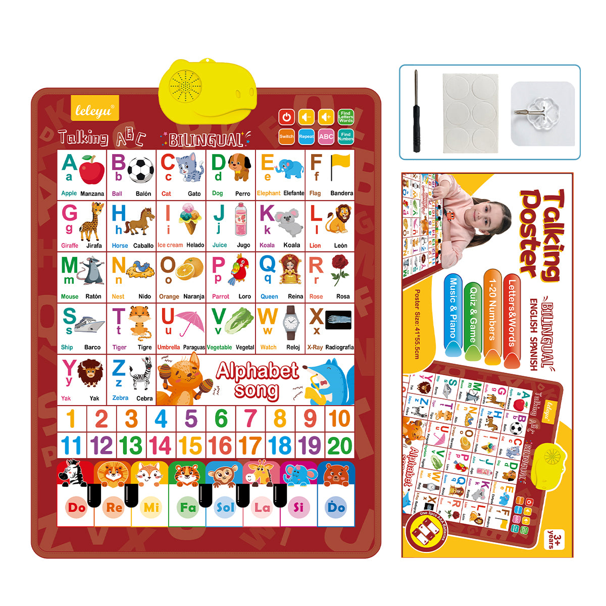Bilingual Talking Wall Chart for Kids – English & Spanish Learning Poster with Songs, ABCs, Numbers, Animal words & Piano – Interactive Educational Toy for Toddlers 1-6 – No Screen, Battery Powered classroom use Alphabet Preschool