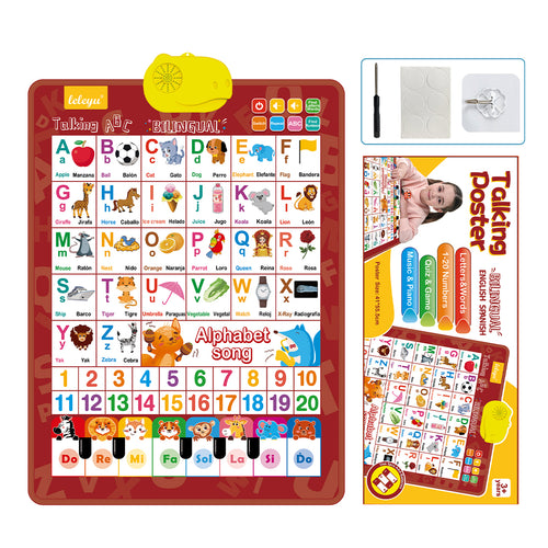 Bilingual Talking Wall Chart for Kids – English & Spanish Learning Poster with Songs, ABCs, Numbers, Animal words & Piano – Interactive Educational Toy for Toddlers 1-6 – No Screen, Battery Powered classroom use Alphabet Preschool