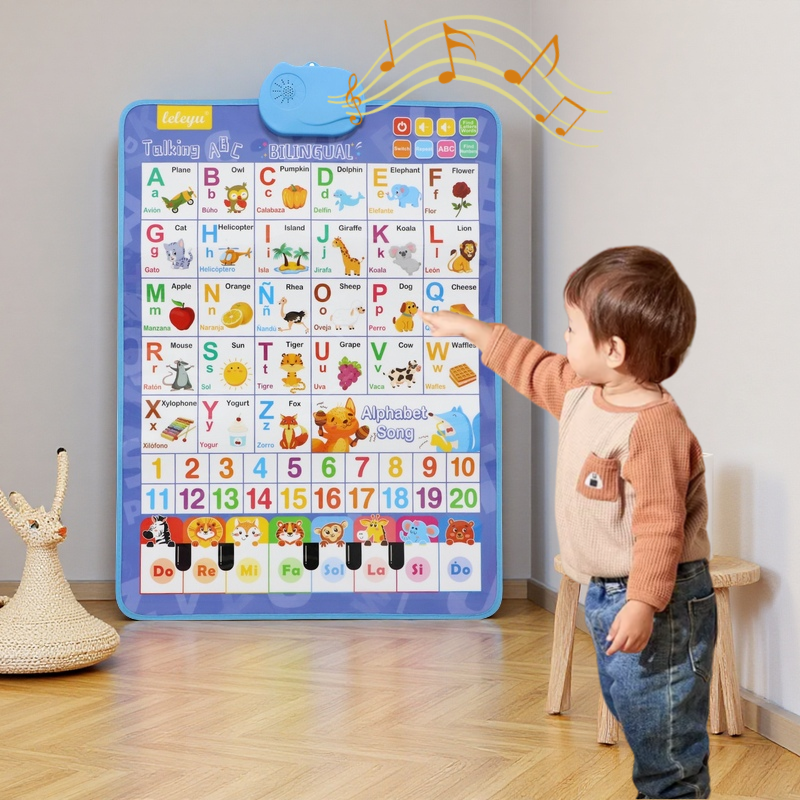 Bilingual Talking Wall Chart for Kids – English & Spanish Learning Poster with Songs, ABCs, Numbers, Animal words & Piano – Interactive Educational Toy for Toddlers 1-6 – No Screen, Battery Powered classroom use Alphabet Preschool